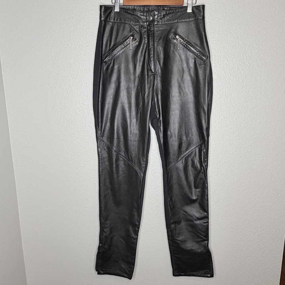 VTG Y2K Harley Davidson Womens Leather Moto Pants Stretch Back Zip Ankle 14‎